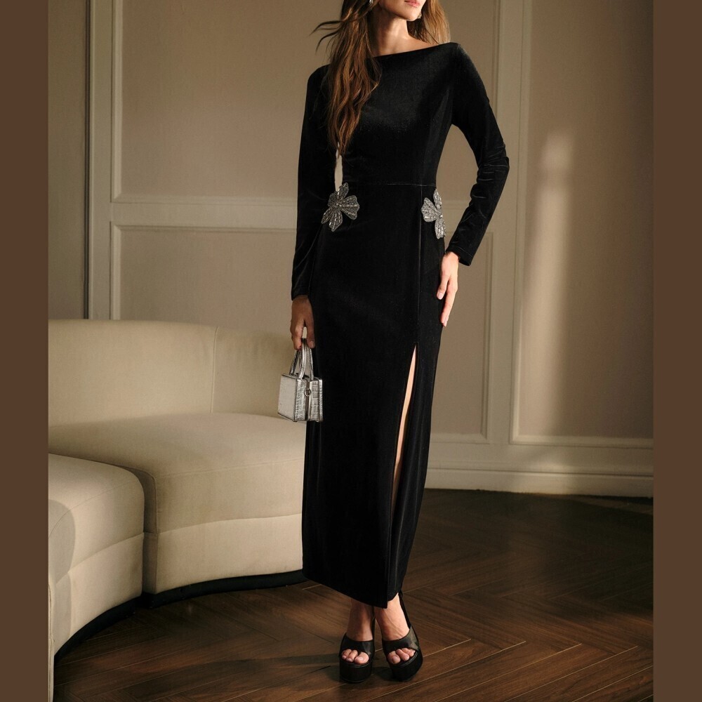 Black Velvet Boat Neck Long Sleeve Slit Maxi Dress with Sparkle Floral Detail